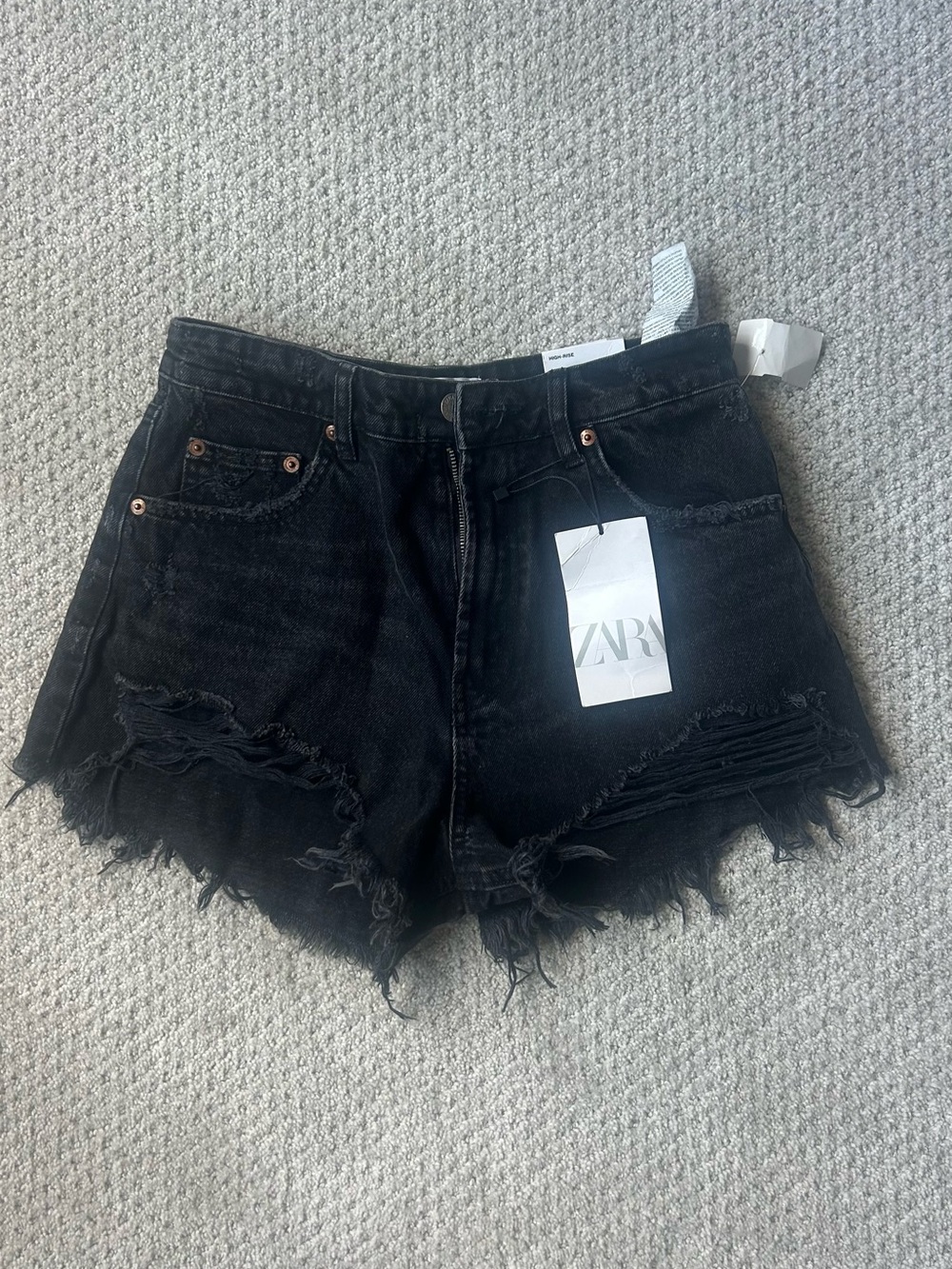 ZARA Black Distressed Frayed Denim Shorts